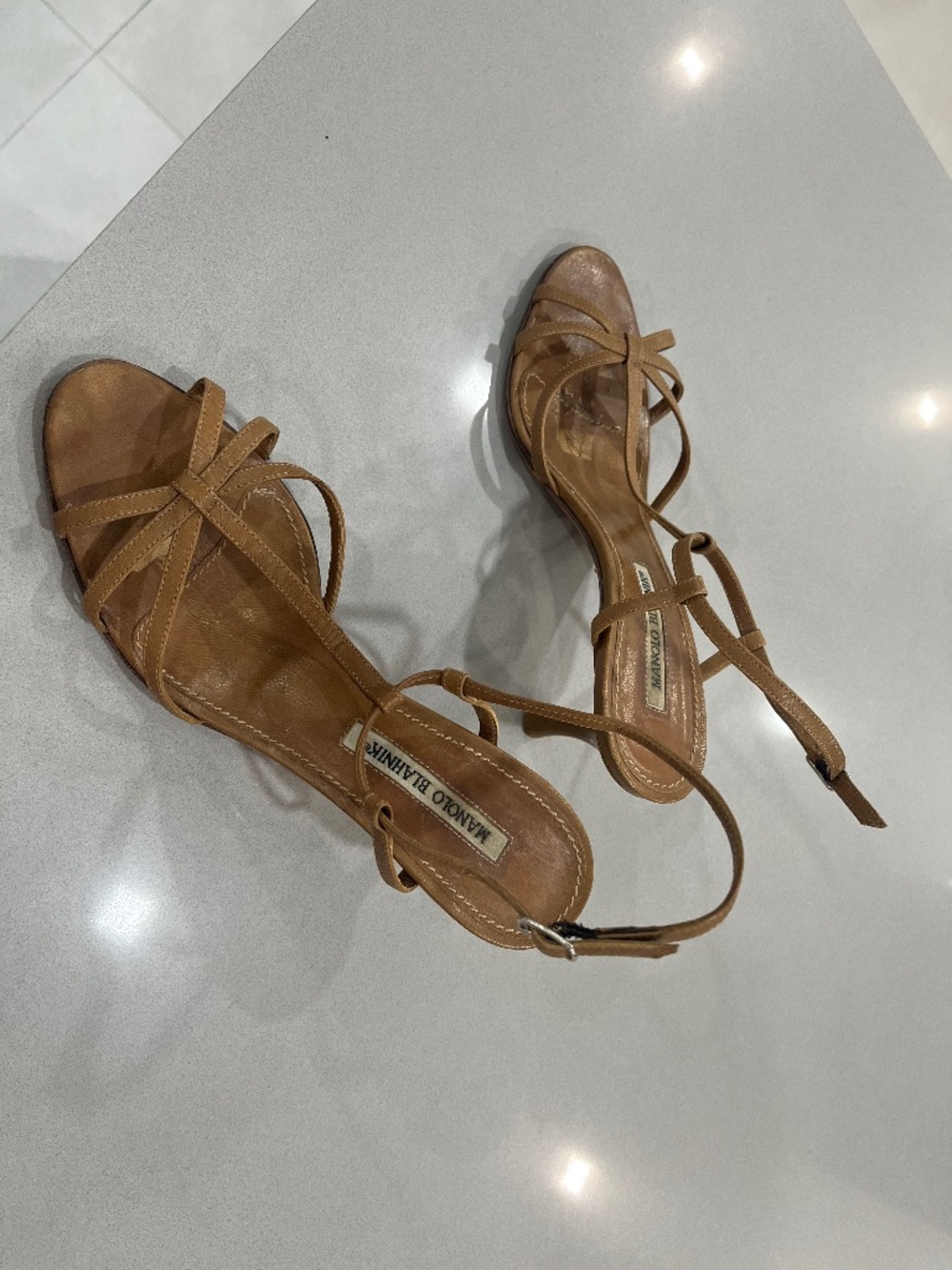 Manolo Blahnik Beige Strappy Sandal. Size 37.
